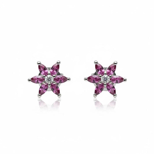 Sterling Silver Pink CZ Flower Design Studs