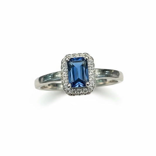 Sterling Silver Rectangle Blue & White CZ Ring