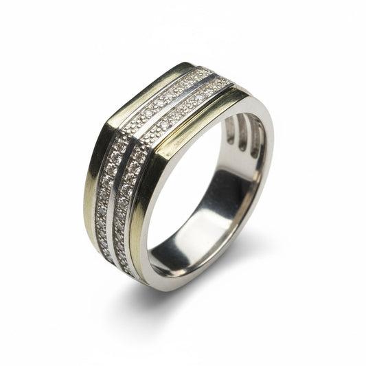 9ct Gold & Silver Gents Ring With CZ Stones
