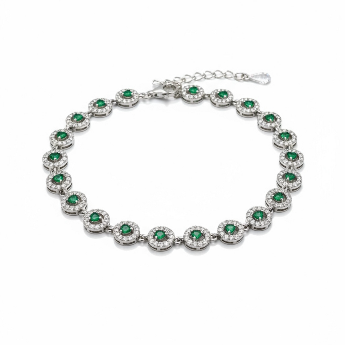 Sterling Silver Green And White CZ Halo Tennis Bracelet.
