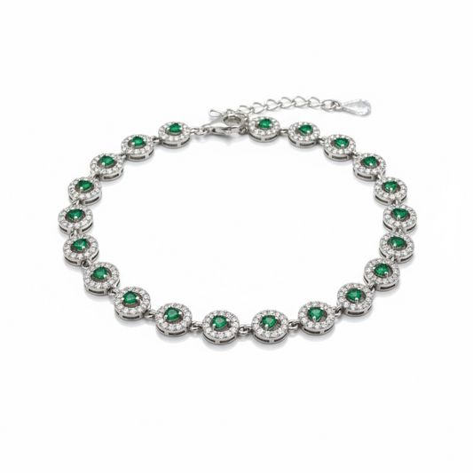 Sterling Silver Green And White CZ Halo Tennis Bracelet.