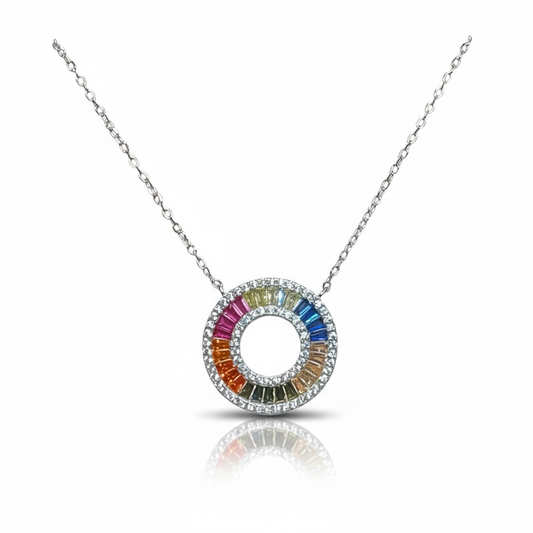 Sterling Silver Multicolor CZ Circle Of Love Pendant And Chain