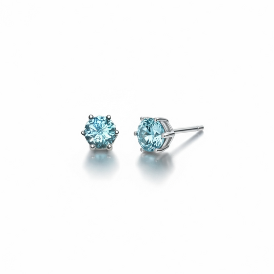 Sterling Silver Aqua Blue CZ 6 Claw Stud Earrings