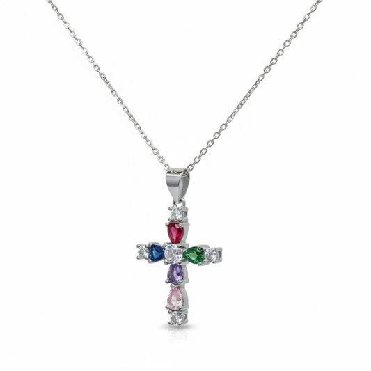 Sterling Silver Multicolor CZ Chain and Cross Pendant