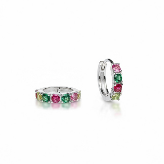 Sterling Silver Multicolor CZ Huggie Hoop Earrings