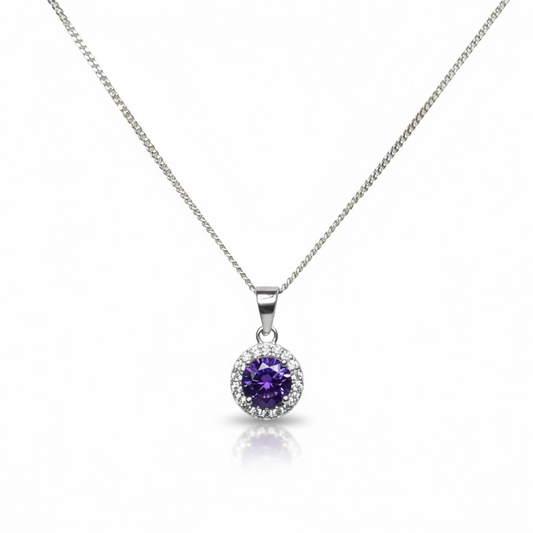 Sterling Silver CZ Purple Halo Pendant And Chain.