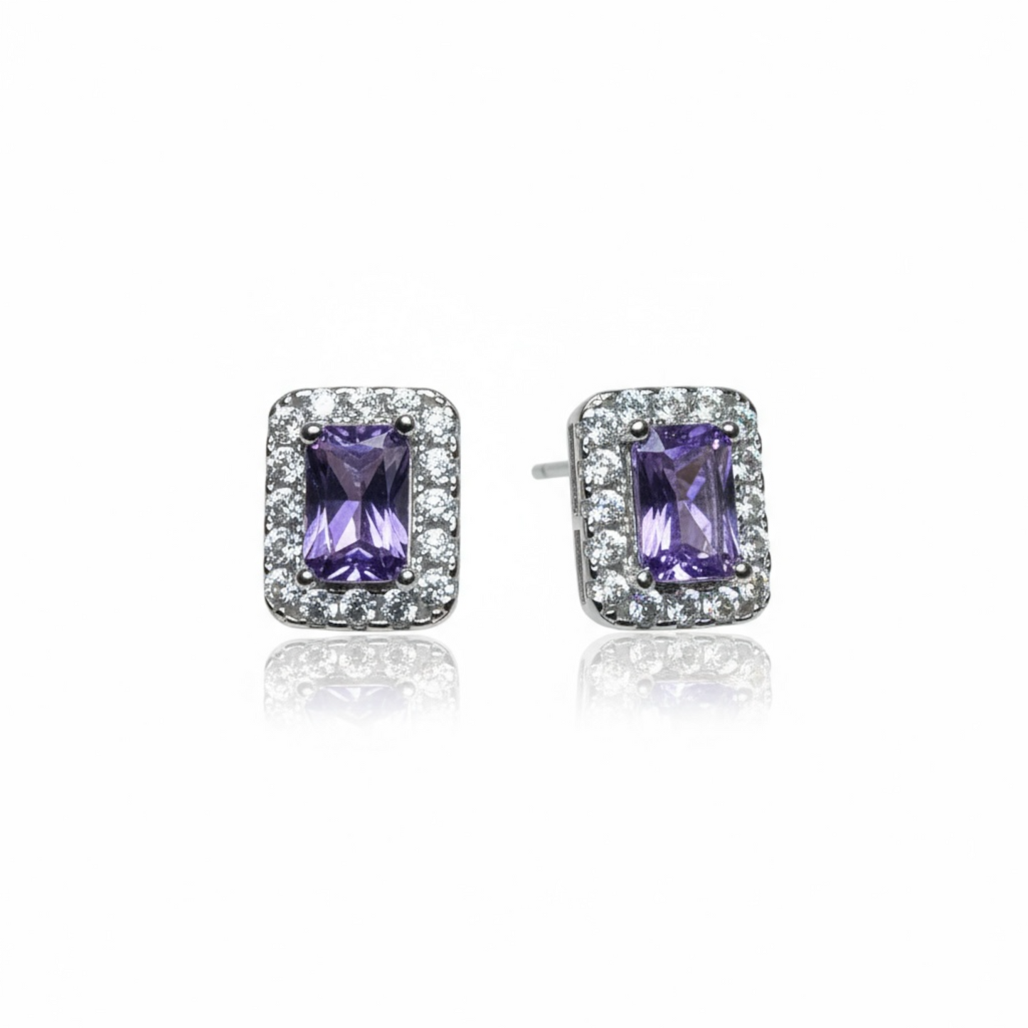 Sterling Silver Purple CZ Rectangle Halo Earring.