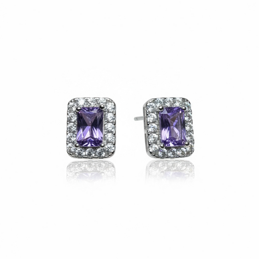 Sterling Silver Purple CZ Rectangle Halo Earring.