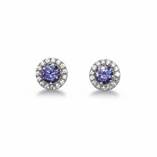 Sterling Silver Purple CZ Halo Studs