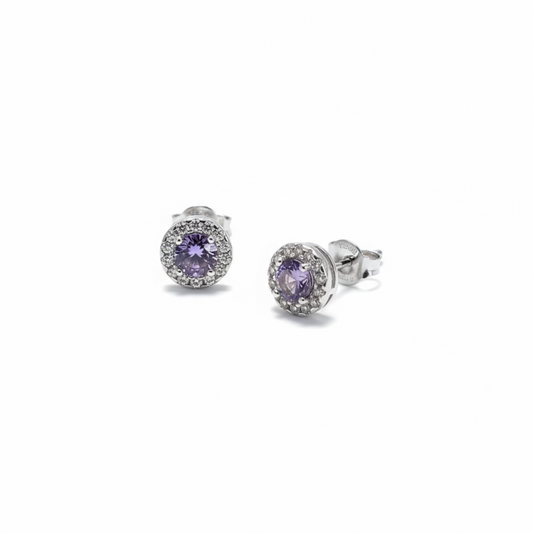Sterling Silver Studs With Purple & White CZ Stones