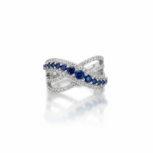 Sterling Silver Blue And White CZ Criss Cross Fancy Ring
