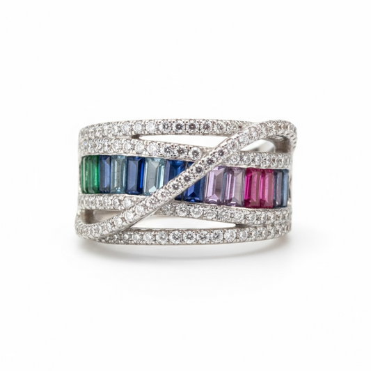 Sterling Silver Fancy Multicolor Baguette CZ Ring