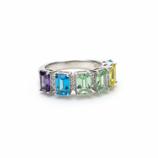 Sterling Silver Fancy Multicolor Rectangular CZ Ring
