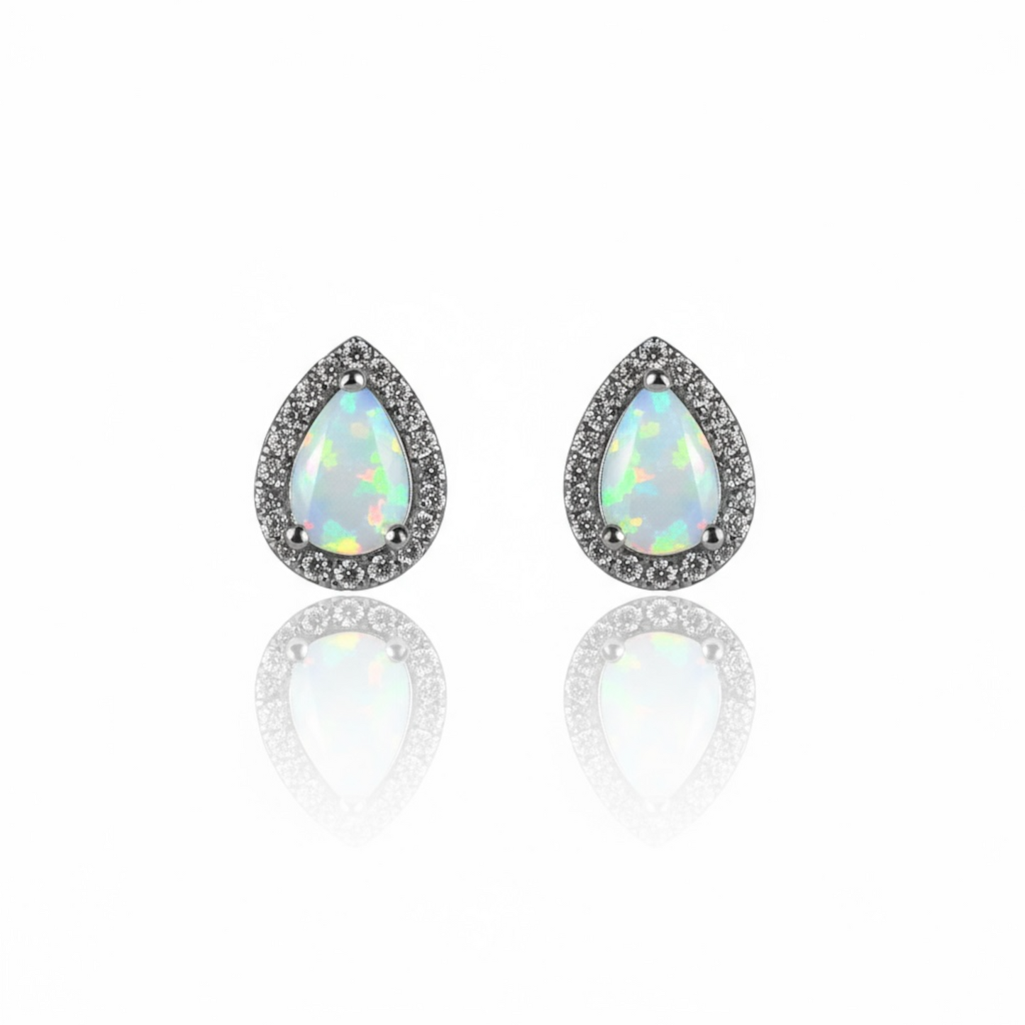 Sterling Silver CZ Pear Shape Stud With Synthetic Opal