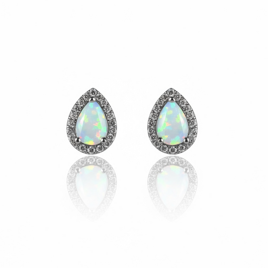 Sterling Silver CZ Pear Shape Stud With Synthetic Opal