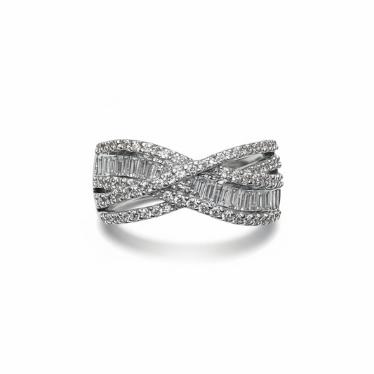 18ct White Gold Round & Baguette Diamond Cross Over Design Ring