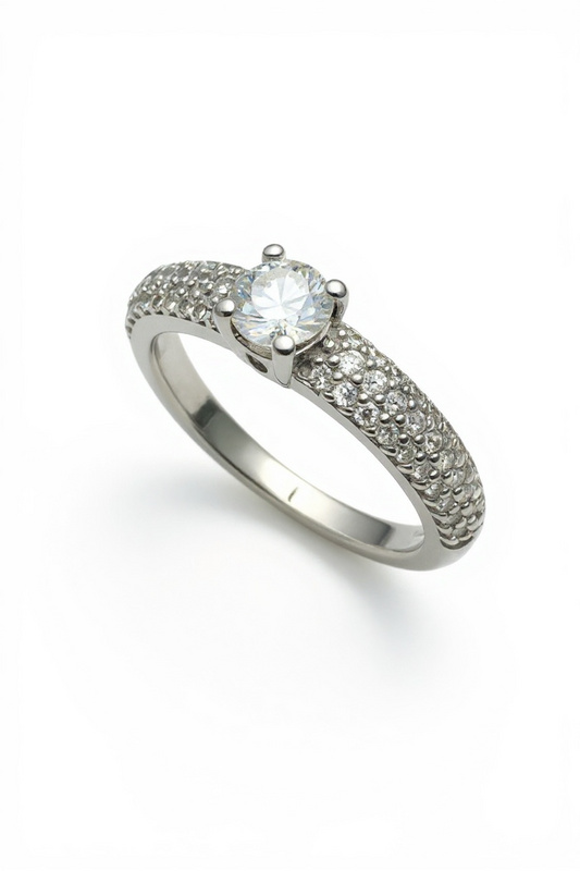 18ct White Gold Single Diamond Ring With Pavé Diamond on Band