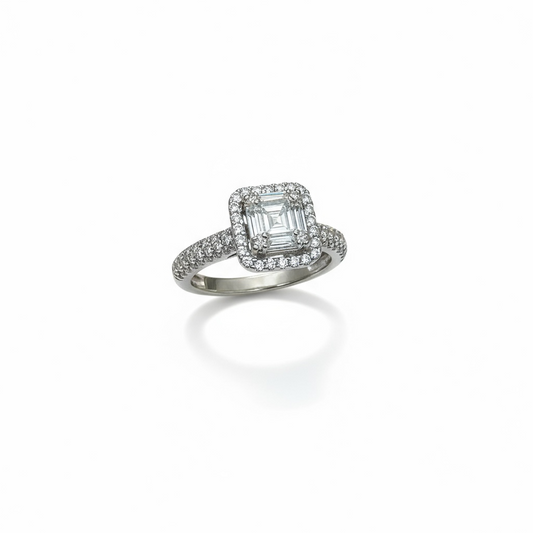 18ct White Gold Baguette Cut Centre Stone With Round Pavé Diamond Ring