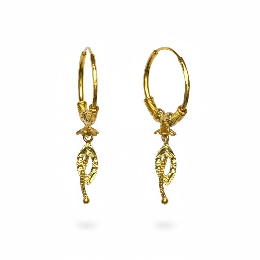 18ct Yellow Gold Traditional Indian Design Hoop Earring With Drop