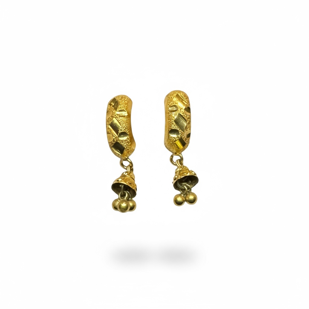 18ct Yellow Gold Sandblasted Huggy Earring With Bell Drop