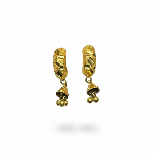 18ct Yellow Gold Sandblasted Huggy Earring With Bell Drop