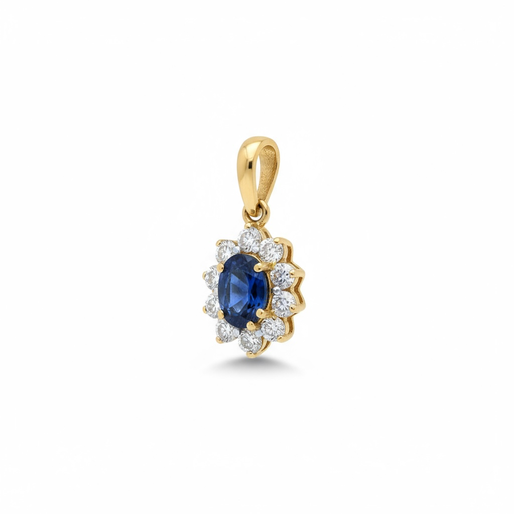 9ct Yellow Gold Oval Cluster Pendant With Blue & White CZ Stones