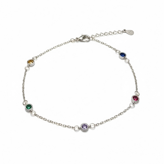 Sterling Anklet With Multicolor CZ Stones