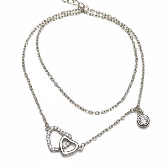 Sterling Silver Double Heart CZ Anklet