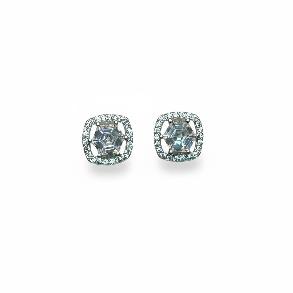 Sterling Silver Fancy CZ Stud Earrings With Hexagon Shape CZ Stone
