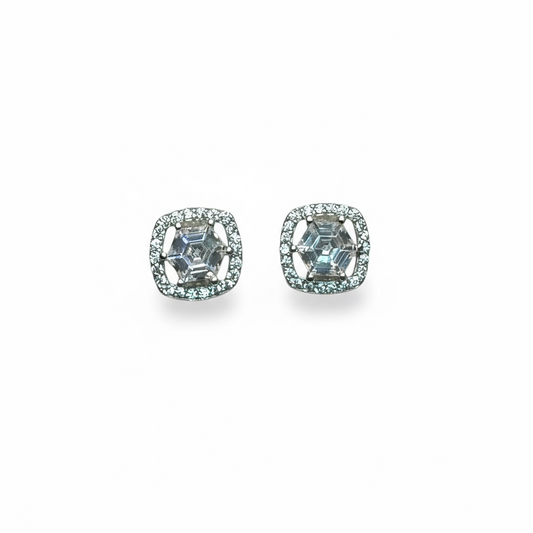Sterling Silver Fancy CZ Stud Earrings With Hexagon Shape CZ Stone