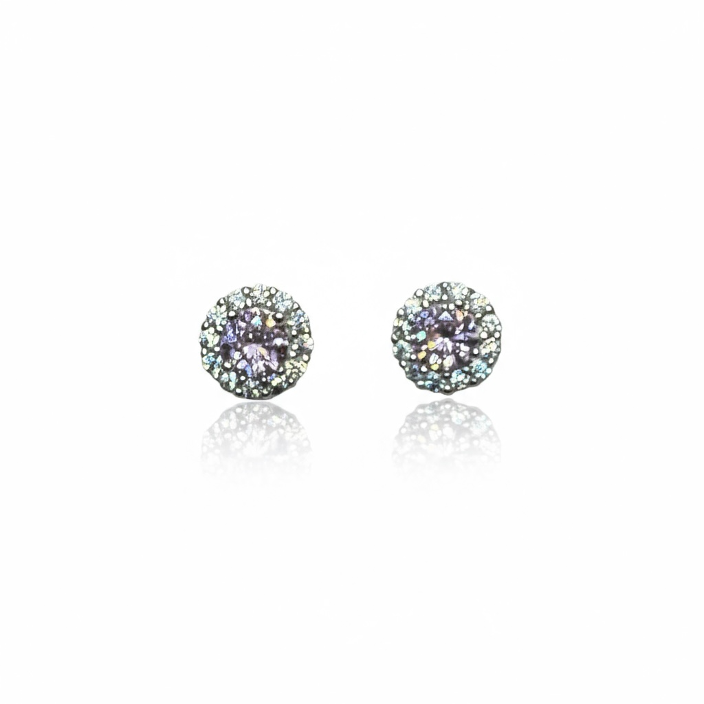 Sterling Silver Pink & White CZ Halo Studs