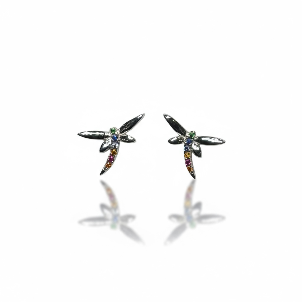 Sterling Silver Multicolor CZ Dragonfly Stud Earring