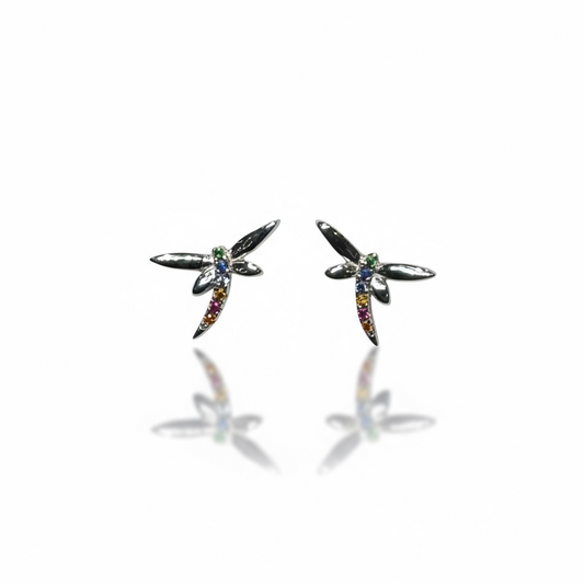 Sterling Silver Multicolor CZ Dragonfly Stud Earring