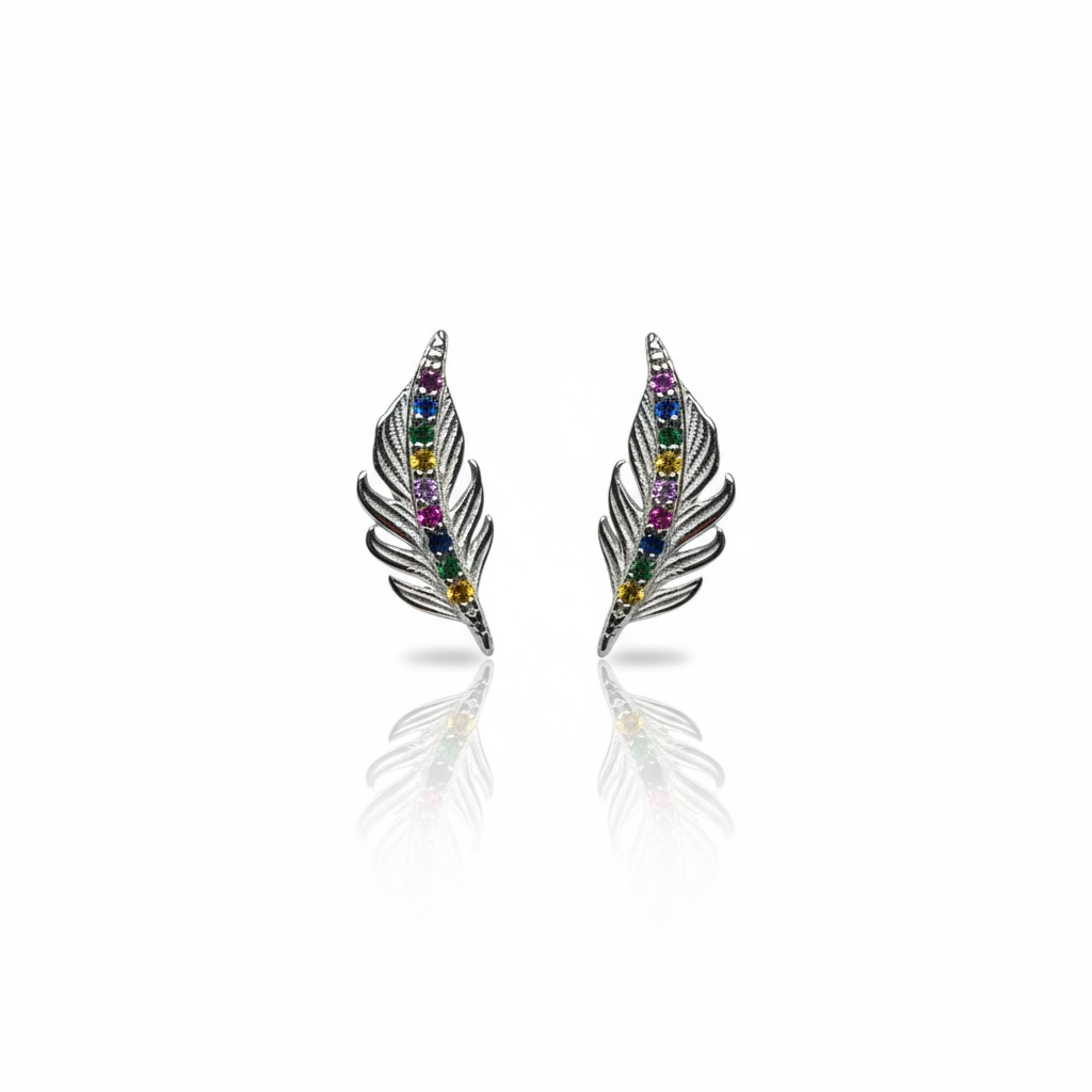 Sterling Silver Multicolor CZ Feather Design Studs