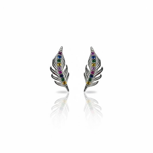 Sterling Silver Multicolor CZ Feather Design Studs