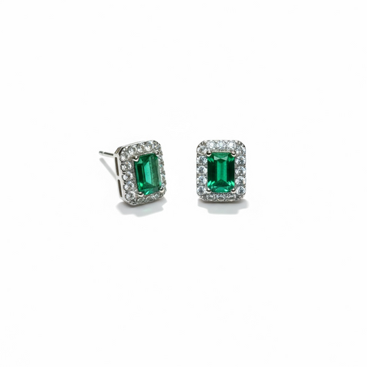 Sterling Silver Rectangular Green & White CZ Studs