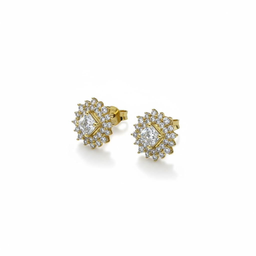 9ct Yellow Gold Round Cluster CZ Studs
