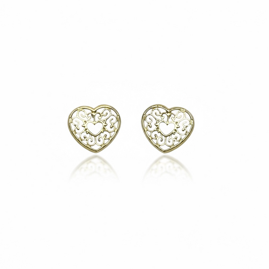 9ct Yellow Gold Filigree Heart Studs