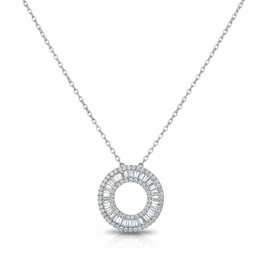 Sterling Silver CZ Baguette Circle Pendant & Chain