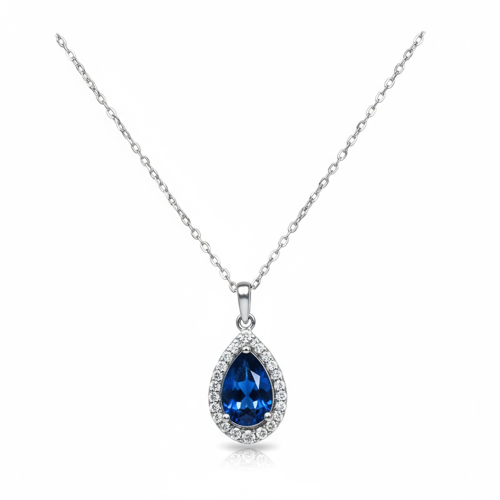 Sterling Silver Pear Shape Blue & White CZ Pendant & Chain