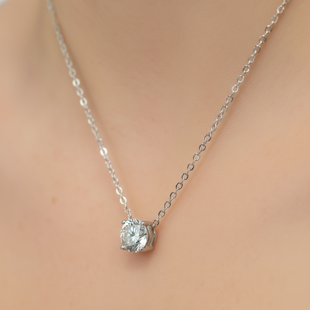 Sterling Silver CZ Solitaire Pendant & Chain