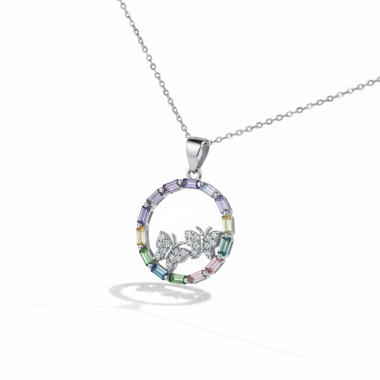 Sterling Silver Multicolor Circle & Butterfly Pendant & Chain