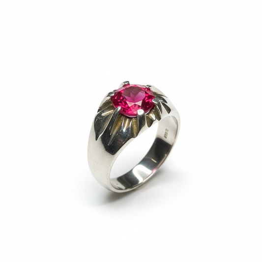 Sterling Silver Gents CZ Red Stone Gypsy Ring