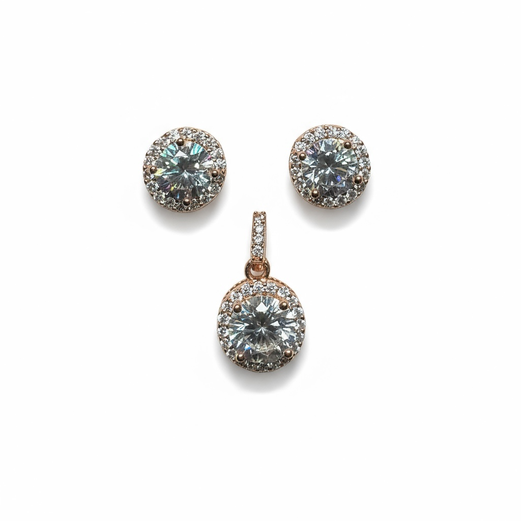 Sterling Silver Rose Gold Plated Round CZ Pendant & Earring Set