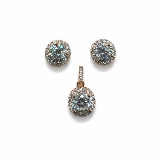 Sterling Silver Rose Gold Plated Round CZ Pendant & Earring Set