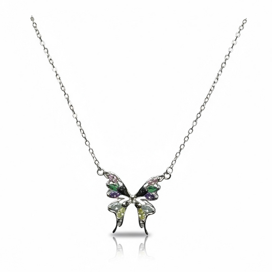 Sterling Silver CZ Multicolor Butterfly Pendant & Chain