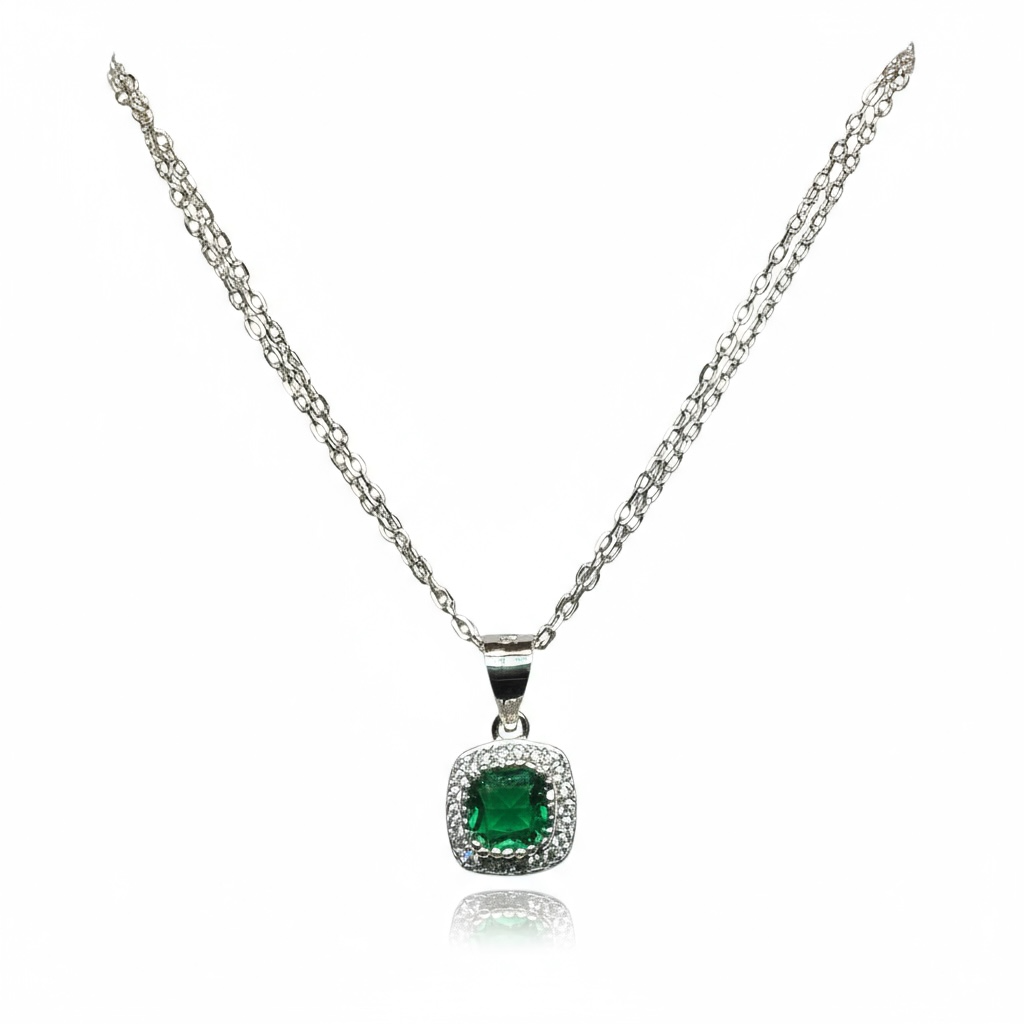 Sterling Silver Green & White CZ Pendant & Chain