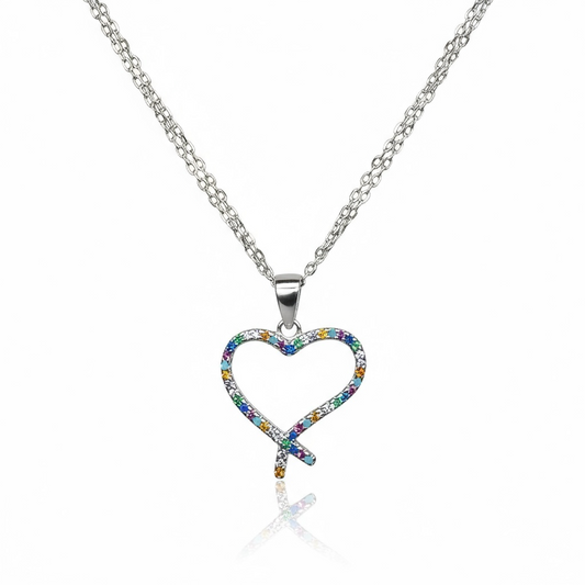 Sterling Silver Multicolor CZ Heart Pendant & Chain