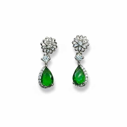 Sterling Silver CZ Green & White Drop Earrings