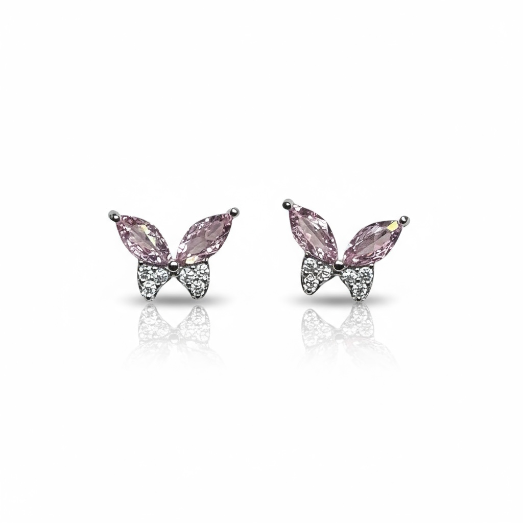 Sterling Silver Pink & White CZ Butterfly Stud